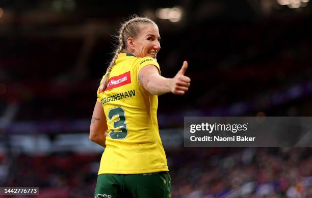 Ali Brigginshaw of Australia reacts during the Women's Rugby League World Cup Final match between Australia and New Zealand at Old Trafford on...