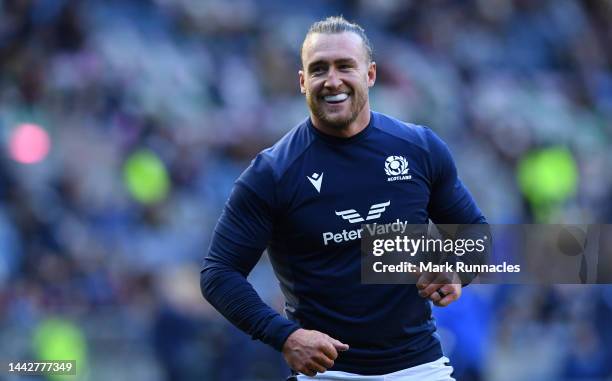 Stuart Hogg of Scotland warms up ahead of the Autumn International match between Scotland and Argentina at Murrayfield Stadium on November 19, 2022...