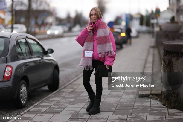 Marie Hindkaer is seen wearing pink checked Copenhagen Studios scarf, Copenhagen Studios clutch, Copenhagen Studios CPH149 recylyced nylon black...