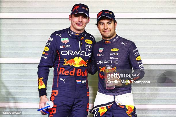 Pole position qualifier Max Verstappen of the Netherlands and Oracle Red Bull Racing and Second placed qualifier Sergio Perez of Mexico and Oracle...