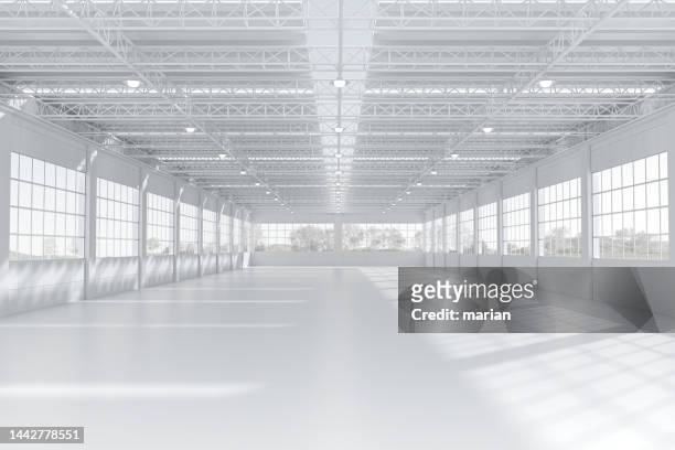 an empty industrial factory - 3d store stock pictures, royalty-free photos & images