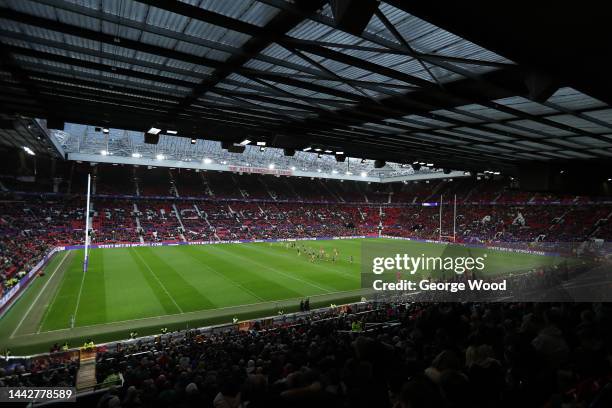 General view of play inside the stadium during the Women's Rugby League World Cup Final match between Australia and New Zealand at Old Trafford on...