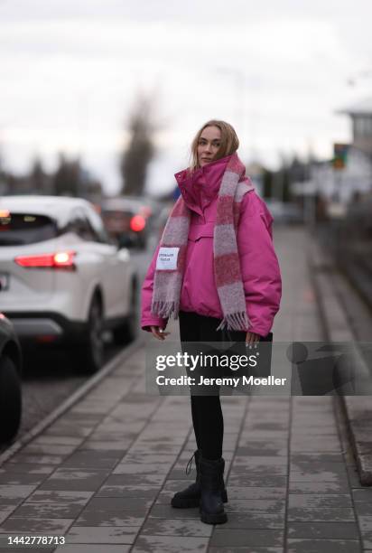 Marie Hindkaer is seen wearing pink checked Copenhagen Studios scarf, Copenhagen Studios clutch, Copenhagen Studios CPH149 recylyced nylon black...