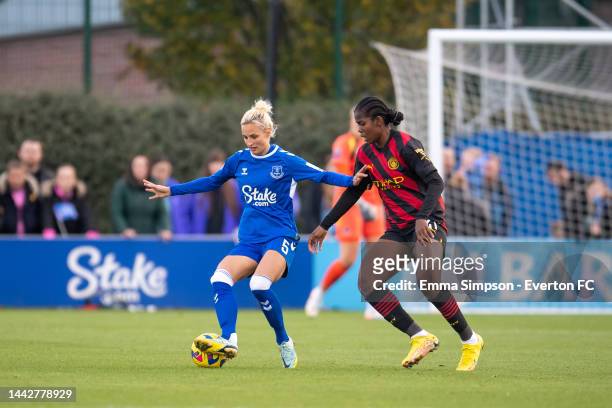 Nathalie Bjorn of Everton in action during the FA Women's Super League match between Everton FC and Manchester City at Walton Hall Park on November...
