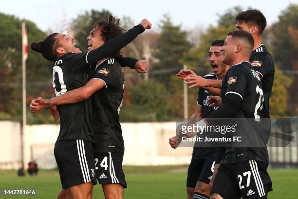 Martin Palumbo of Juventus Next Gen celebrates with his team-mate Simone Iocolano after scoring the opening goal during the Serie C match between Pro...