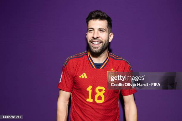 Jordi Alba of Spain poses during the official FIFA World Cup Qatar 2022 portrait session on November 18, 2022 in Doha, Qatar.