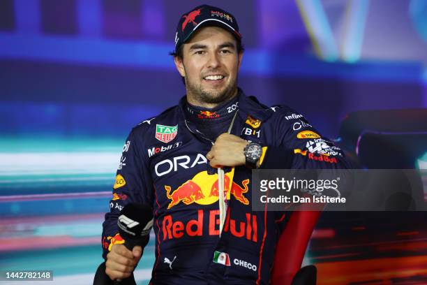 Second placed qualifier Sergio Perez of Mexico and Oracle Red Bull Racing attends a drovers press conference following qualifying ahead of the F1...