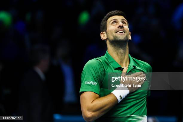 Novak Djokovic of Serbia celebrates the victory during his Semi Final Singles match against Taylor Fritz of the United States during day seven of the...