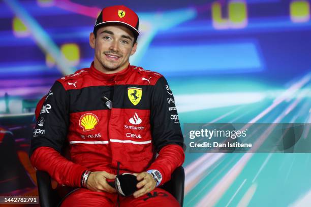 Third placed qualifier Charles Leclerc of Monaco and Ferrari attends a drivers press conference following qualifying ahead of the F1 Grand Prix of...