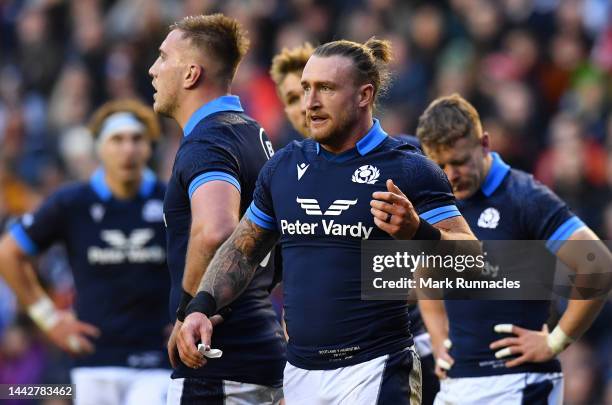 Stuart Hogg of Scotland looks on during the Autumn International match between Scotland and Argentina at Murrayfield Stadium on November 19, 2022 in...