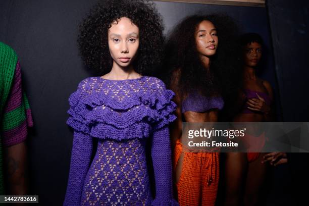 Model backstage at the Atelie Mao de Mae fashion show as part of the Sao Paulo Fashion Week N54 on November 18, 2022 in Sao Paulo, Brazil.
