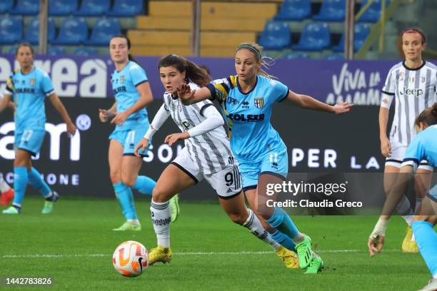 Sofia Cantore of Juventus Women competes for the ball with Nora Heroum of Parma during the Women Serie A match between Parma and Juventus at Stadio...