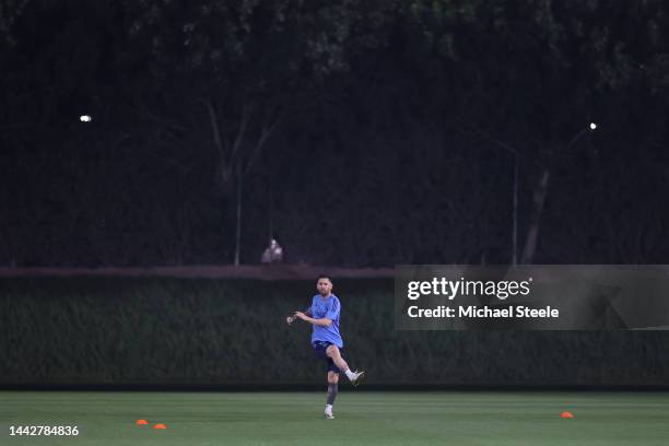 Lionel Messi of Argentina trains alone from the main squad during the Argentina training session at Qatar University on November 19, 2022 in Doha,...