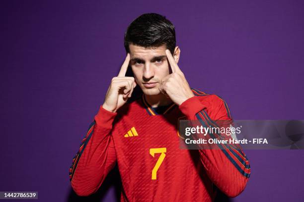 Alvaro Morata of Spain poses during the official FIFA World Cup Qatar 2022 portrait session on November 18, 2022 in Doha, Qatar.