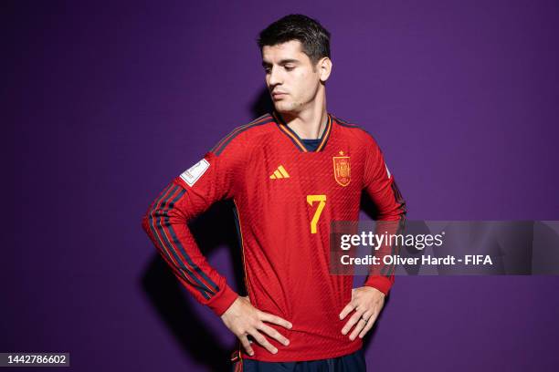 Alvaro Morata of Spain poses during the official FIFA World Cup Qatar 2022 portrait session on November 18, 2022 in Doha, Qatar.