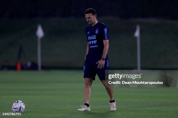 Argentina Head Coach / Manager, Lionel Scaloni kicks a ball during the training session for Team Argentina at Qatar University on November 19, 2022...