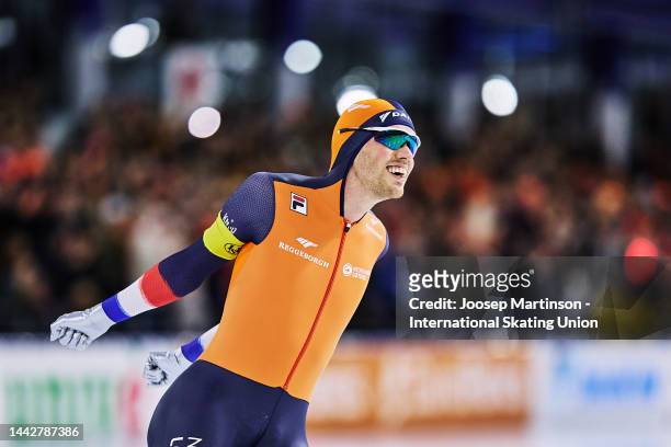 Patrick Roest of Netherlands reacts in the Men's 5000m during the ISU World Cup Speed Skating at Thialf on November 19, 2022 in Heerenveen,...