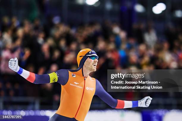 Patrick Roest of Netherlands reacts in the Men's 5000m during the ISU World Cup Speed Skating at Thialf on November 19, 2022 in Heerenveen,...