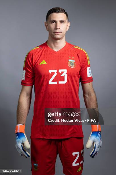 Emiliano Martinez of Argentina poses during the official FIFA World Cup Qatar 2022 portrait session on November 19, 2022 in Doha, Qatar.