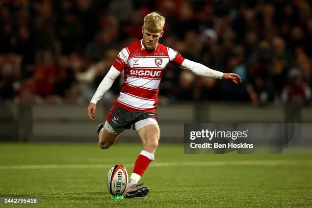 George Barton of Gloucester kicks a conversion during the Premiership Rugby Cup match between Gloucester Rugby and Bristol Bears at Kingsholm Stadium...