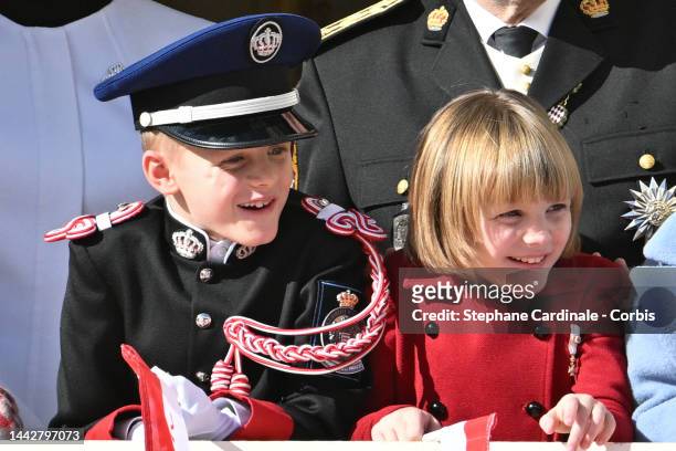 Prince Jacques of Monaco and Princess Gabriella of Monaco appear at the Palace balcony during attends the Monaco National Day on November 19, 2022 in...