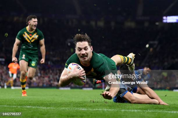 Cameron Murray of Australia touches down for their team's fourth try during the Rugby League World Cup Final match between Australia and Samoa at Old...