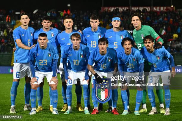 Italy U21 team line up during the International Friendly match between Italy U21 and Germany U21 ​at Del Conero Stadium on November 19, 2022 in...