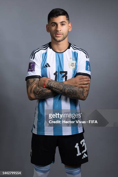Cristian Romero of Argentina poses during the official FIFA World Cup Qatar 2022 portrait session on November 19, 2022 in Doha, Qatar.