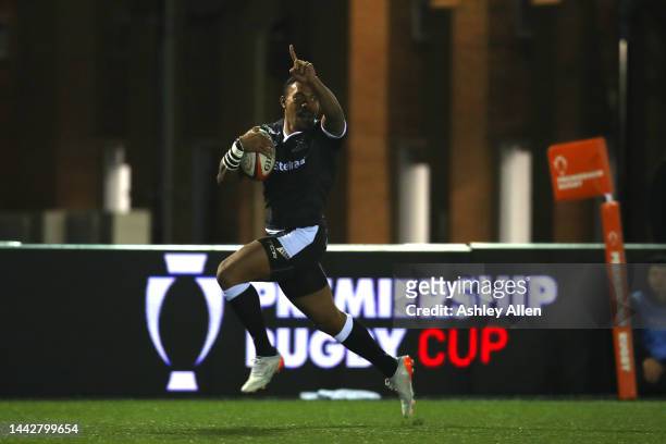 Vereimi Qorowale of Newcastle Falcons on his way to scoring a try during the Premiership Rugby Cup match between Newcastle Falcons and Northampton...