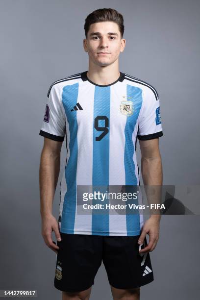 Julian Alvarez of Argentina poses during the official FIFA World Cup Qatar 2022 portrait session on November 19, 2022 in Doha, Qatar.