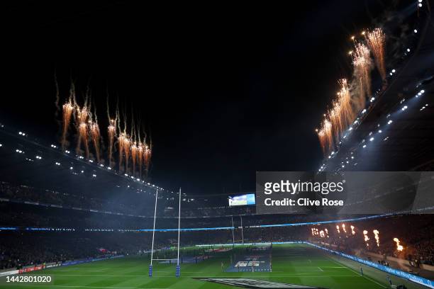 General view inside the stadium as fireworks are set off prior to the Autumn International match between England and New Zealand at Twickenham...