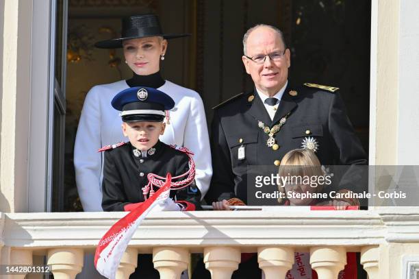 Princess Charlene of Monaco, Prince Albert II of Monaco with Prince Jacques of Monaco and Princess Gabriella of Monaco appear at the Palace balcony...