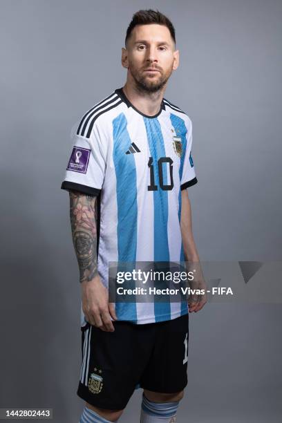 Lionel Messi of Argentina poses during the official FIFA World Cup Qatar 2022 portrait session on November 19, 2022 in Doha, Qatar.