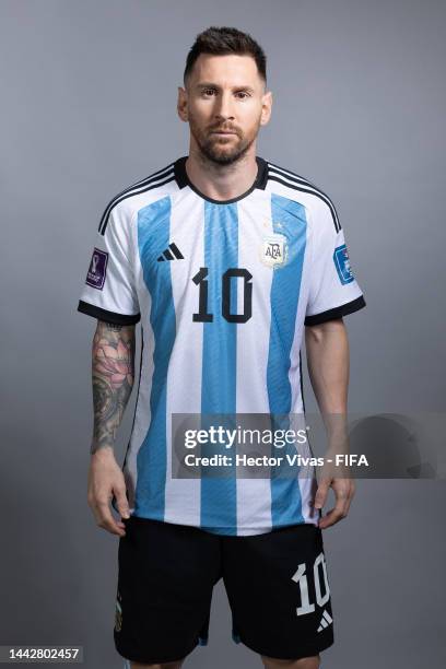 Lionel Messi of Argentina poses during the official FIFA World Cup Qatar 2022 portrait session on November 19, 2022 in Doha, Qatar.