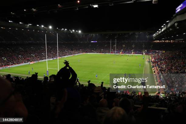 General view of play inside the stadium during the Rugby League World Cup Final match between Australia and Samoa at Old Trafford on November 19,...