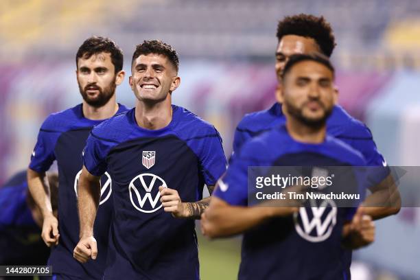 Christian Pulisic of United States reacts during the United States Training and Press Conference at Al Gharafa SC Stadium on November 19, 2022 in...