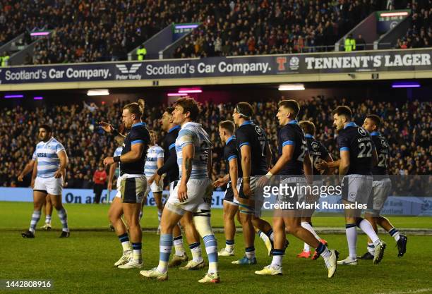 Stuart Hogg of Scotland celebrates with his team mates as he scores a try during the Autumn International match between Scotland and Argentina at...