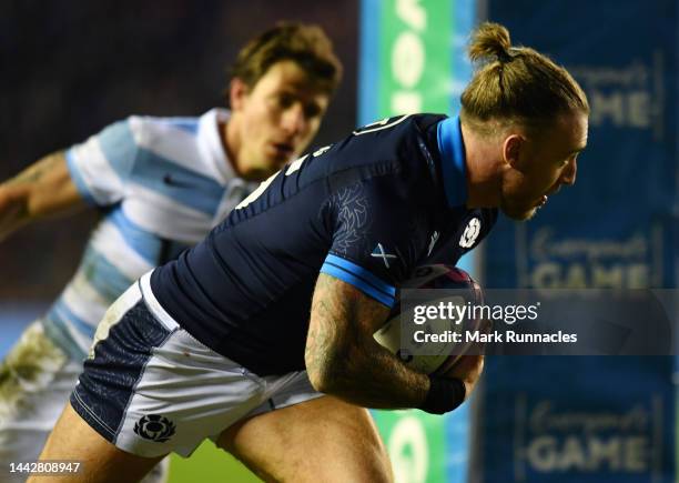 Stuart Hogg of Scotland scores a try during the Autumn International match between Scotland and Argentina at Murrayfield Stadium on November 19, 2022...