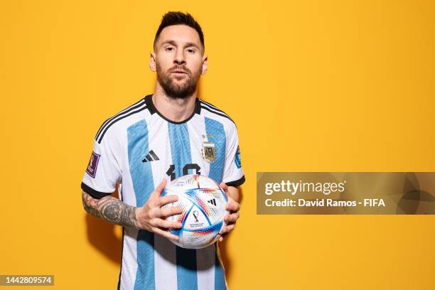 Lionel Messi of Argentina poses during the official FIFA World Cup Qatar 2022 portrait session on November 19, 2022 in Doha, Qatar.