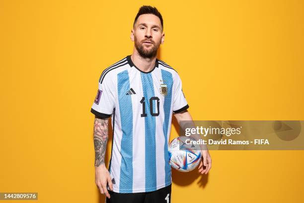 Lionel Messi of Argentina poses during the official FIFA World Cup Qatar 2022 portrait session on November 19, 2022 in Doha, Qatar.