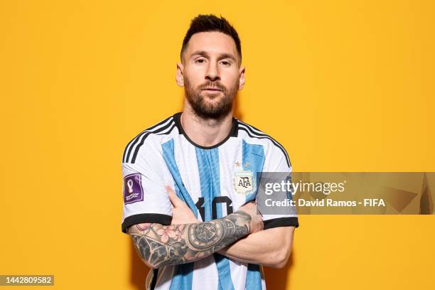 Lionel Messi of Argentina poses during the official FIFA World Cup Qatar 2022 portrait session on November 19, 2022 in Doha, Qatar.