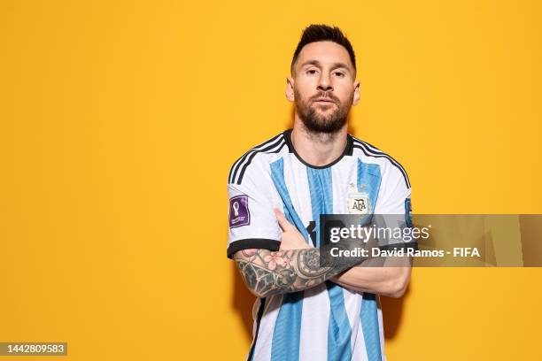 Lionel Messi of Argentina poses during the official FIFA World Cup Qatar 2022 portrait session on November 19, 2022 in Doha, Qatar.