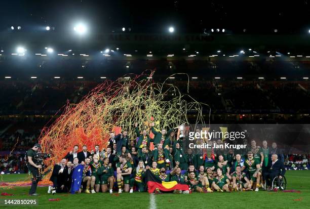 Rugby League World Cup Men's, Woman's and Wheelchair winners pose for a photo following the Rugby League World Cup Final match between Australia and...