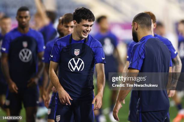 Giovanni Reyna of United States reacts during the United States Training and Press Conference at Al Gharafa SC Stadium on November 19, 2022 in Doha,...