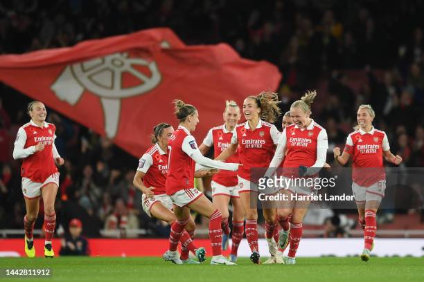 Frida Maanum of Arsenal celebrates with teammates after scoring her team's first goal during the FA Women's Super League match between Arsenal and...