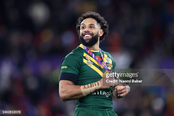 Josh Addo-Carr of Australia celebrates following their sides victory in the Rugby League World Cup Final match between Australia and Samoa at Old...