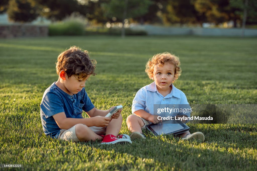 Little Brothers Sit In Grass With Cell Phone And Tablet