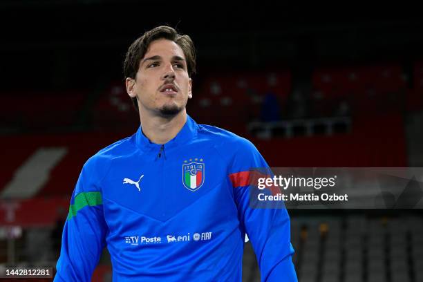 Nicolò Zaniolo of Italy looks on during the Italy training session at Ernst Happel Stadion on November 19, 2022 in Vienna, Austria.