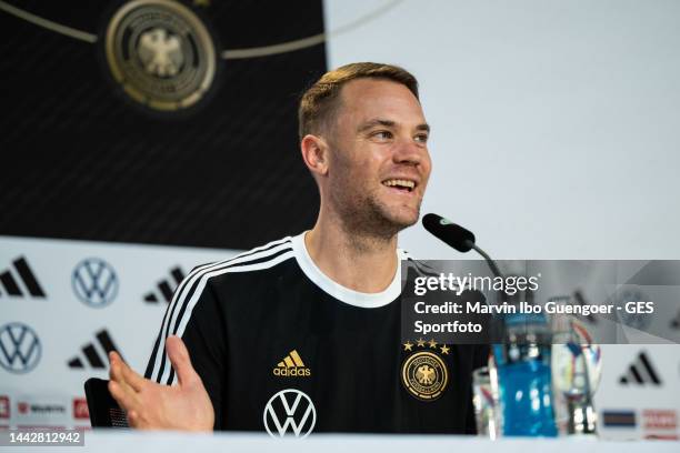 Manuel Neuer talks during the Germany press conference at DFB Media Centre on November 19, 2022 in Al Ruwais, Qatar.