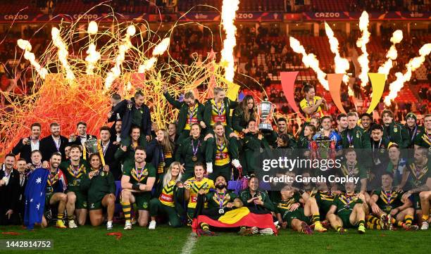 Rugby League World Cup Men's, Woman's and Wheelchair winners pose for a photo following the Rugby League World Cup Final match between Australia and...